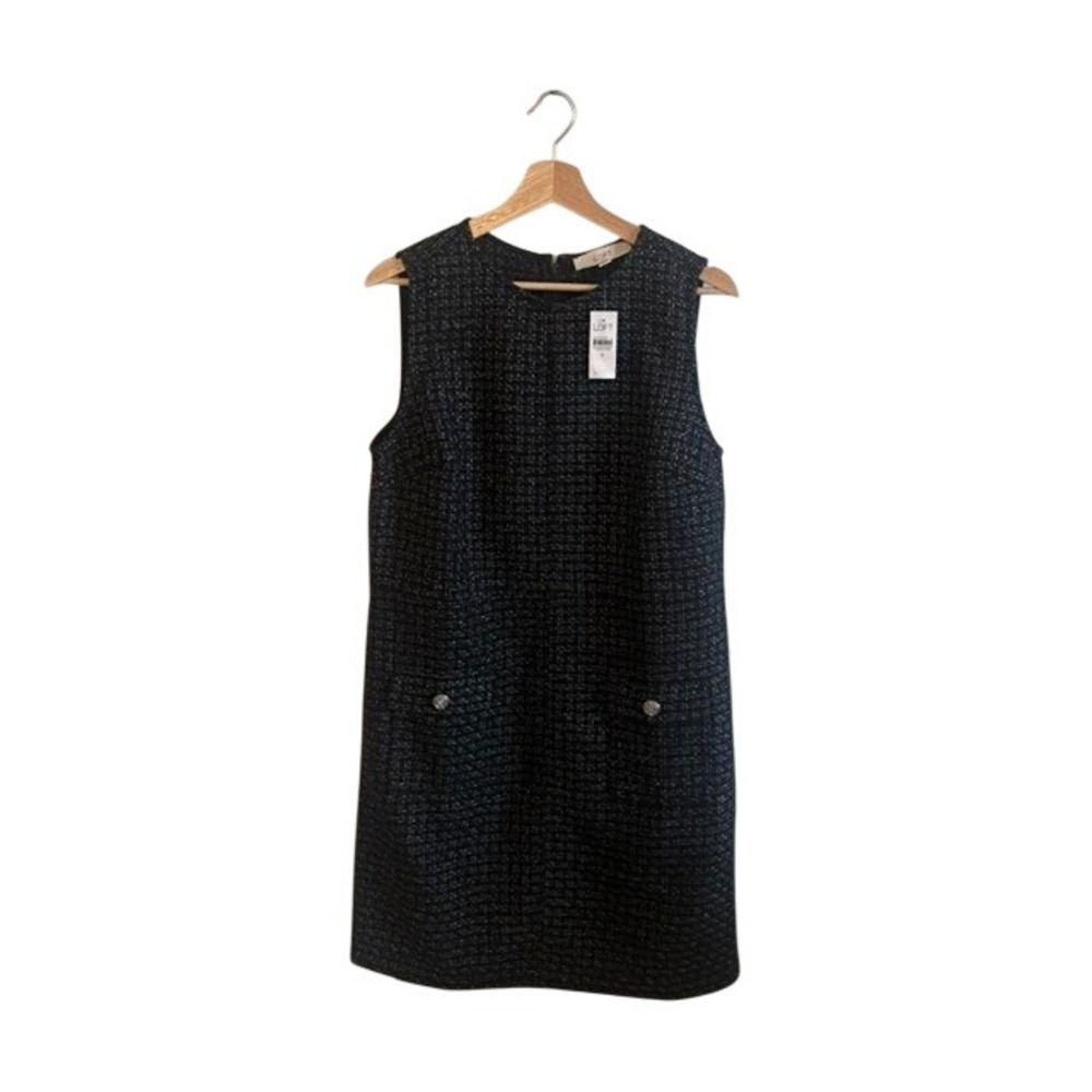 Loft Tweed Shift Dress Womens 8 Black NWT Sleeveless Metallic Pocket Button